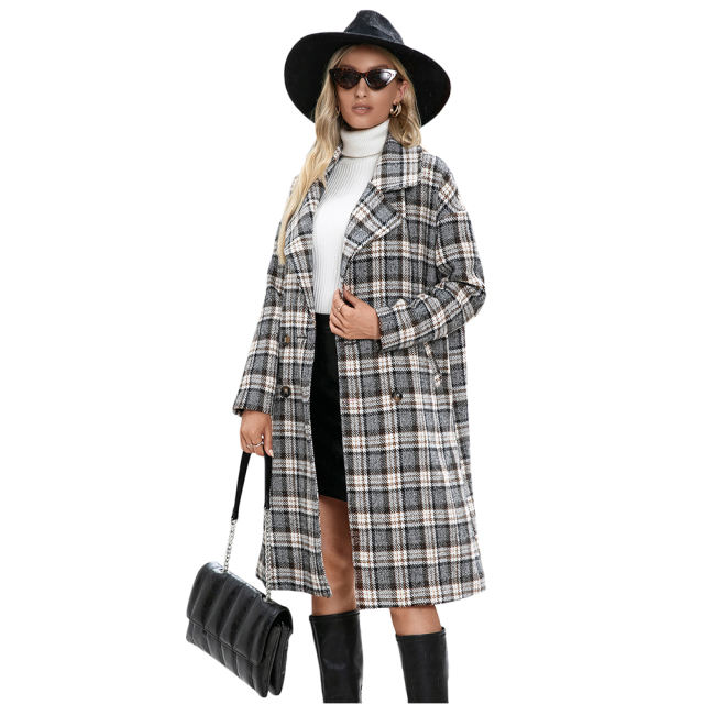 Yellow Plaid Double Breasted Woolen Long Coat TQK280115-7