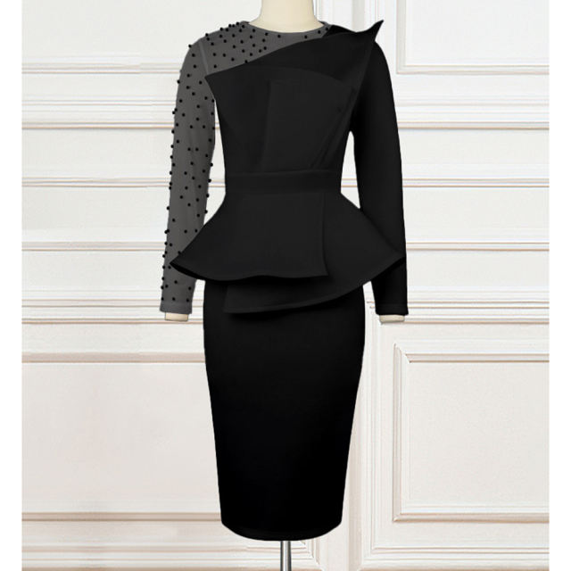 Black Splicing Mesh Beading Peplum Style Evening Dress
