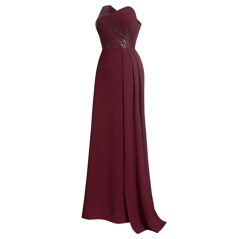 Wine Red Splicing Sequined One-shoulder Plus Size Evening Dress TQK311030-23