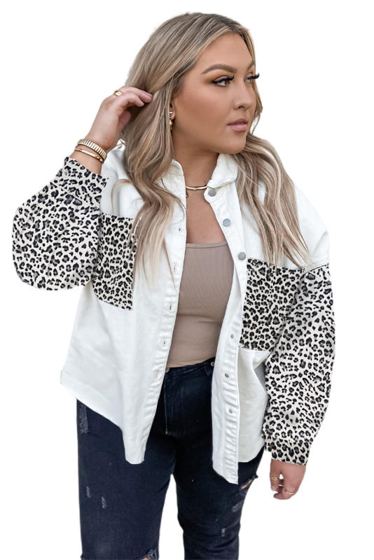 White Plus Size Leopard Splicing Button Denim Jacket LC851133-1