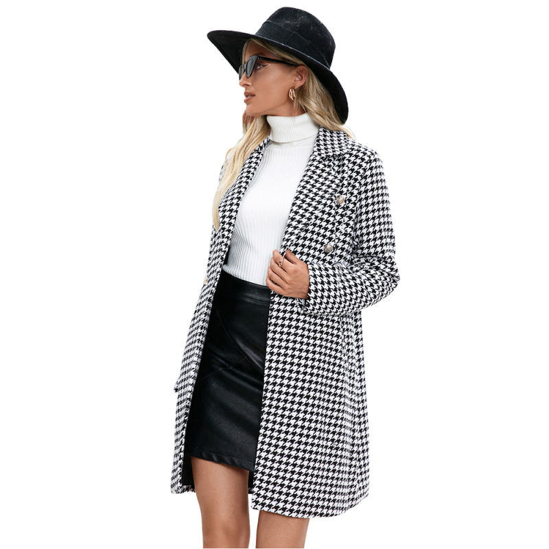 White Houndstooth Double Breasted Woolen Long Coat TQK280116-1