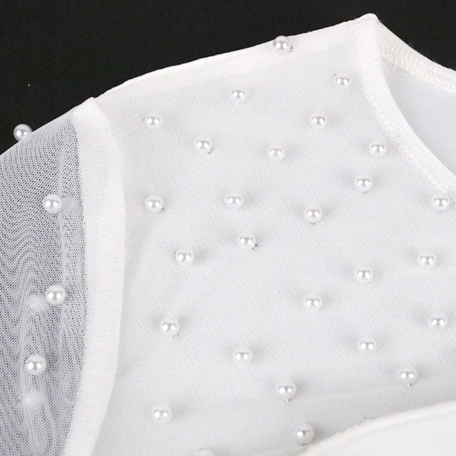 White Splicing Mesh Beading Peplum Style Evening Dress