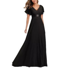 Black V Neck High Waist Swing Bridesmaid Dress TQK311075-2