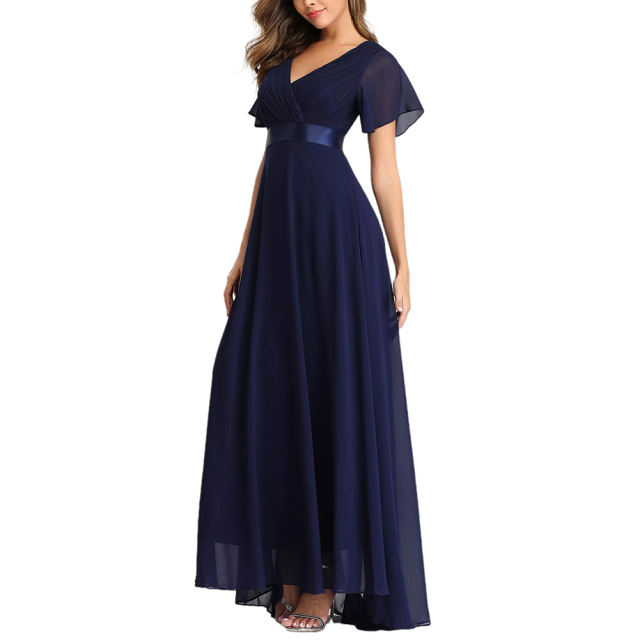 Navy Blue V Neck High Waist Swing Bridesmaid Dress TQK311075-34