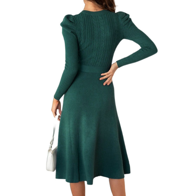 Blackish Green Knitted Tie Waist Puff Sleeve Sweater Dress