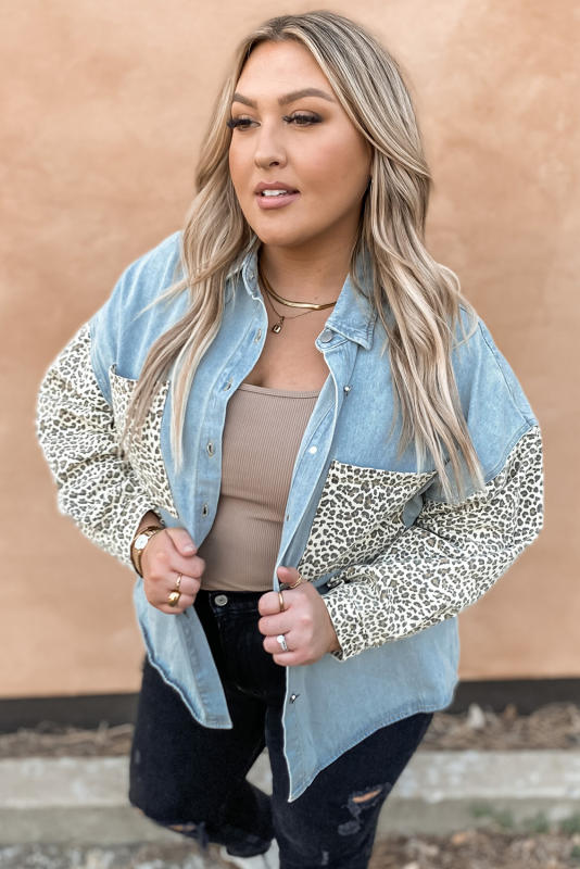 Sky Blue Plus Size Leopard Splicing Button Denim Jacket LC851133-4