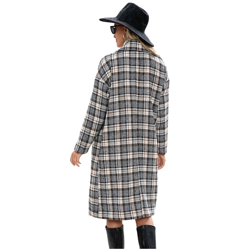 Yellow Plaid Double Breasted Woolen Long Coat TQK280115-7