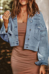 Sky Blue Rhinestone Fringe Denim Jacket LC788140-4