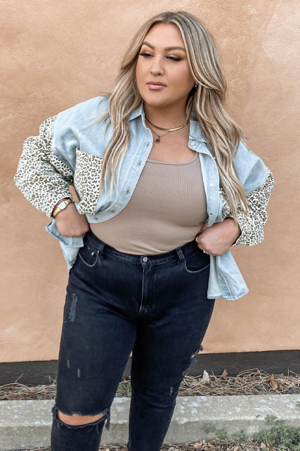 Sky Blue Plus Size Leopard Splicing Button Denim Jacket LC851133-4