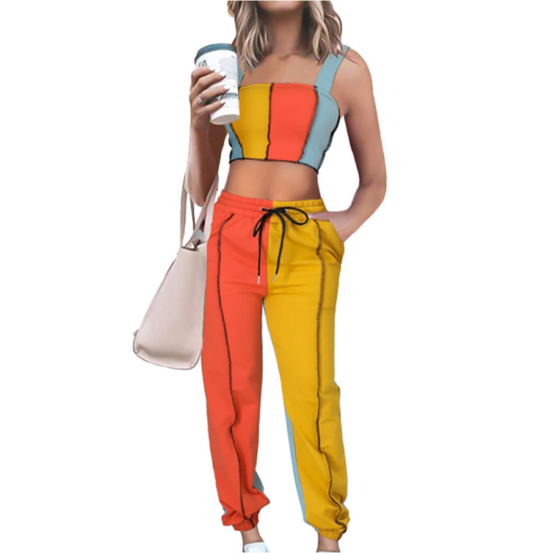 Orange Colorblock Crop Tank with Pant Set TQK710340-14