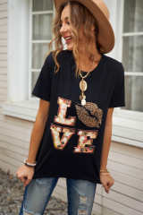 Black Crew Neck Cartoon Letter Print Valentine Tee LC2522121-2