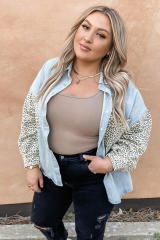 Sky Blue Plus Size Leopard Splicing Button Denim Jacket LC851133-4