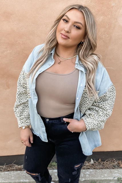 Sky Blue Plus Size Leopard Splicing Button Denim Jacket LC851133-4