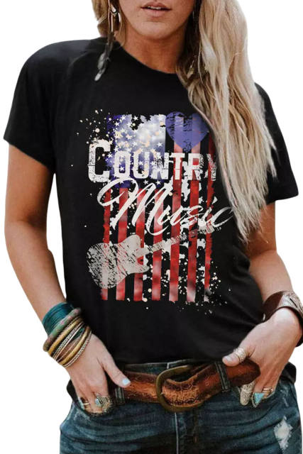 Black Country Music American Flag Print Short Sleeve T Shirt LC25220380-2