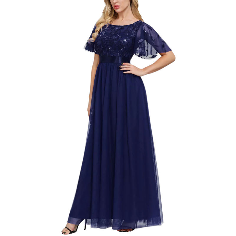 Navy Blue Embroidery Sequined Mesh High Waist Evening Dress TQK311076-34
