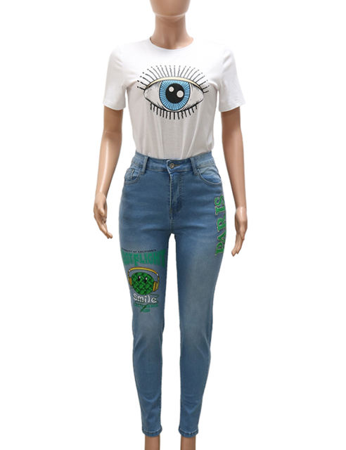 Fashion Print Skinny Jeans in Sky Blue TQV510004-30