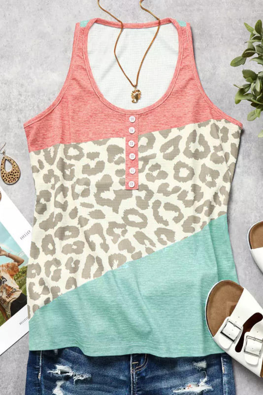 Leopard Color Block Button Casual Tank Top  LC2568590-20
