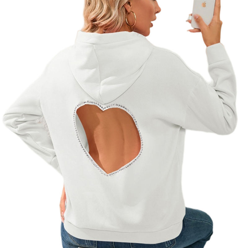 White Heart Rhinestone Back Cut-out Pullover Hoodie