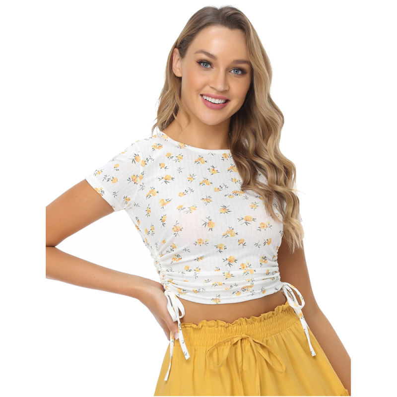 Light Yellow Sides Drawstring Short Sleeve Crop Top TQK210630-42