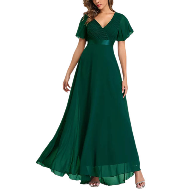 Green V Neck High Waist Swing Bridesmaid Dress TQK311075-9