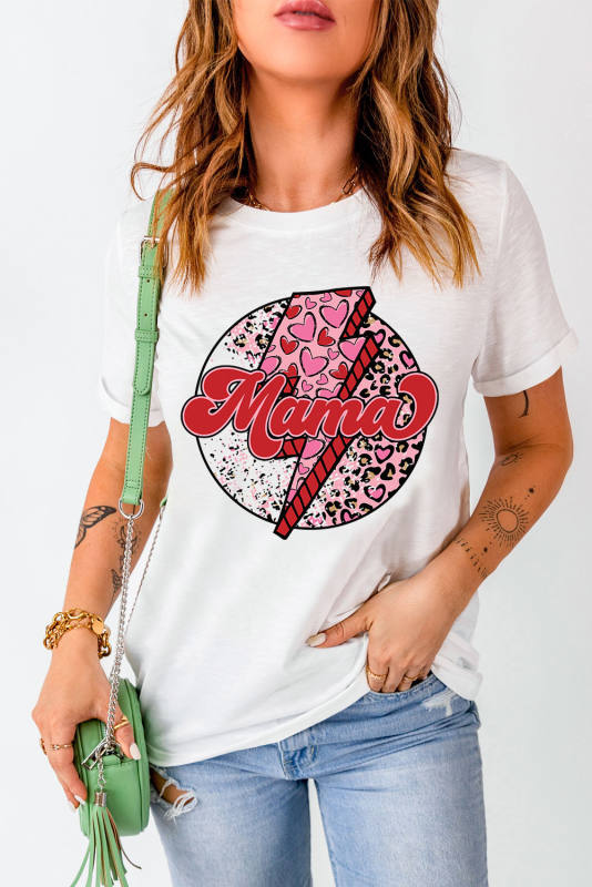 White MAMA Heart Leopard Lightning Print Graphic Tee LC25220381-1