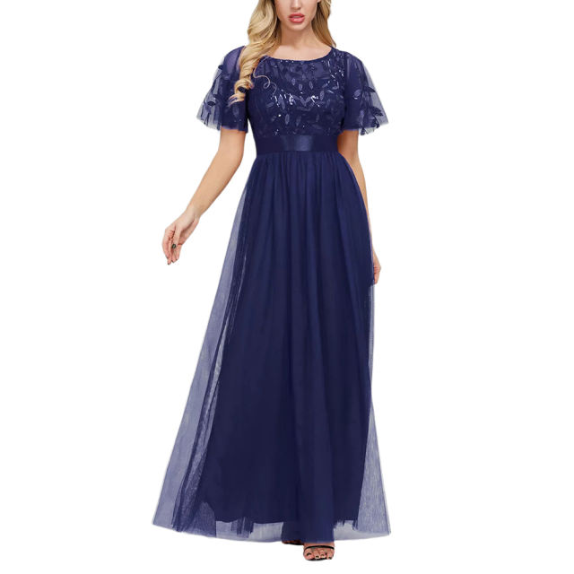 Navy Blue Embroidery Sequined Mesh High Waist Evening Dress TQK311076-34