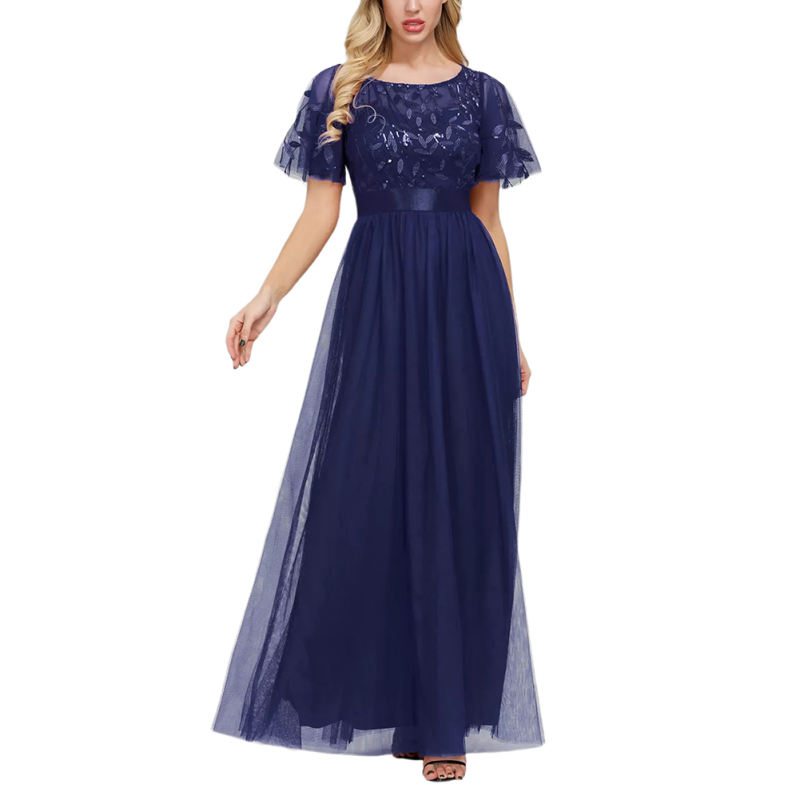 Navy Blue Embroidery Sequined Mesh High Waist Evening Dress TQK311076-34