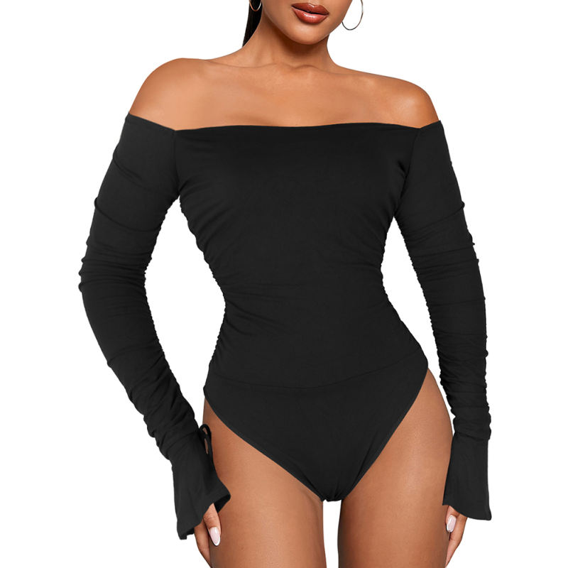 Black Rib Off Shoulder Flare Long Sleeve Bodysuit TQV220159-2
