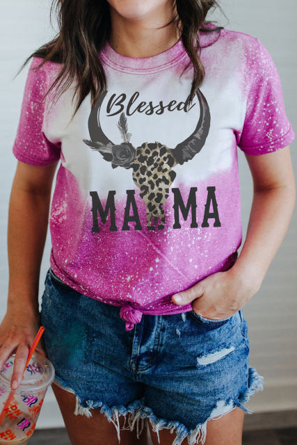 Rose Blessed MAMA Western Bull Graphic Bleached T Shirt LC25220311-6