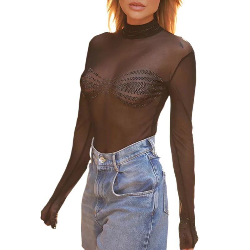 Black Rhinestone Mesh Long Sleeve Bodysuit TQV220156-2