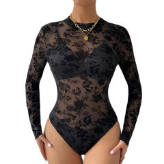 Black Lace Mesh Flocking Print Long Sleeve Bodysuit TQV220155-2