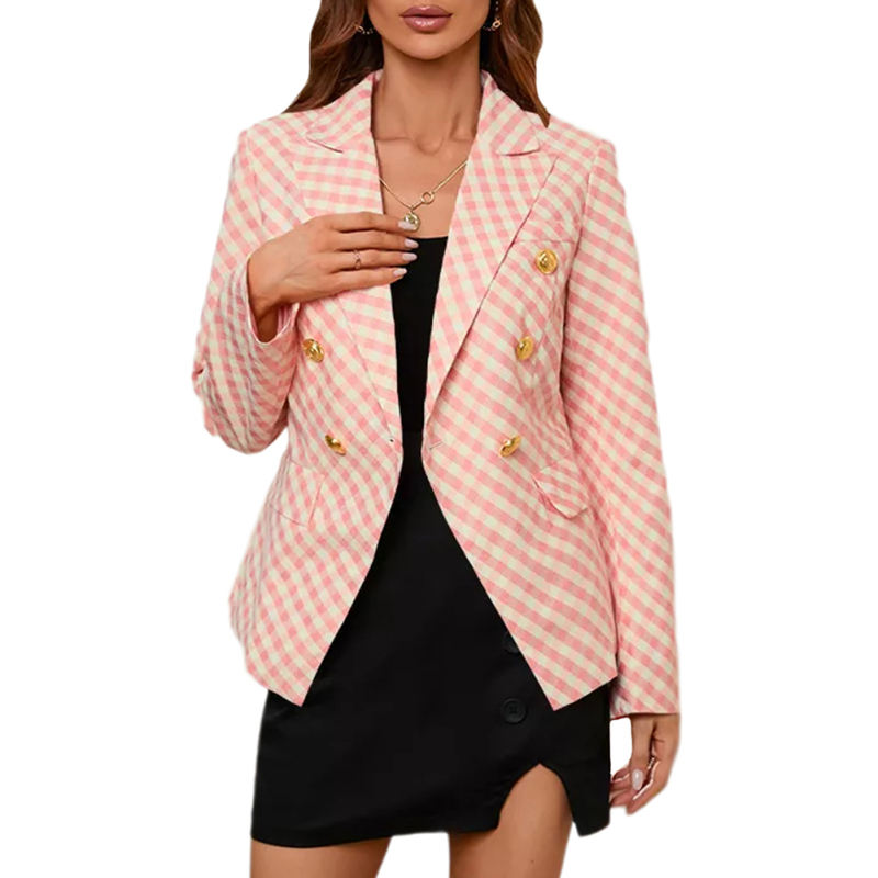 Pink Double Breasted Slim Fit Plaid Print Blazer TQK260063-10