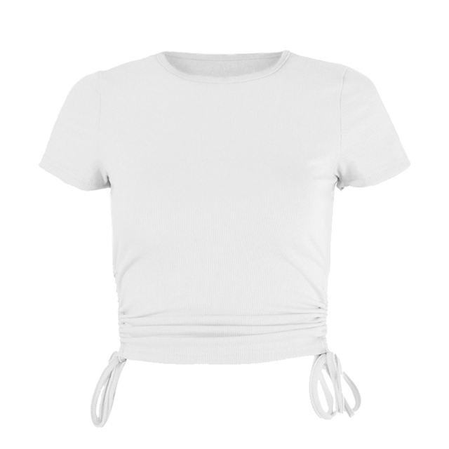 White Sides Drawstring Short Sleeve Crop Top TQK210630-1