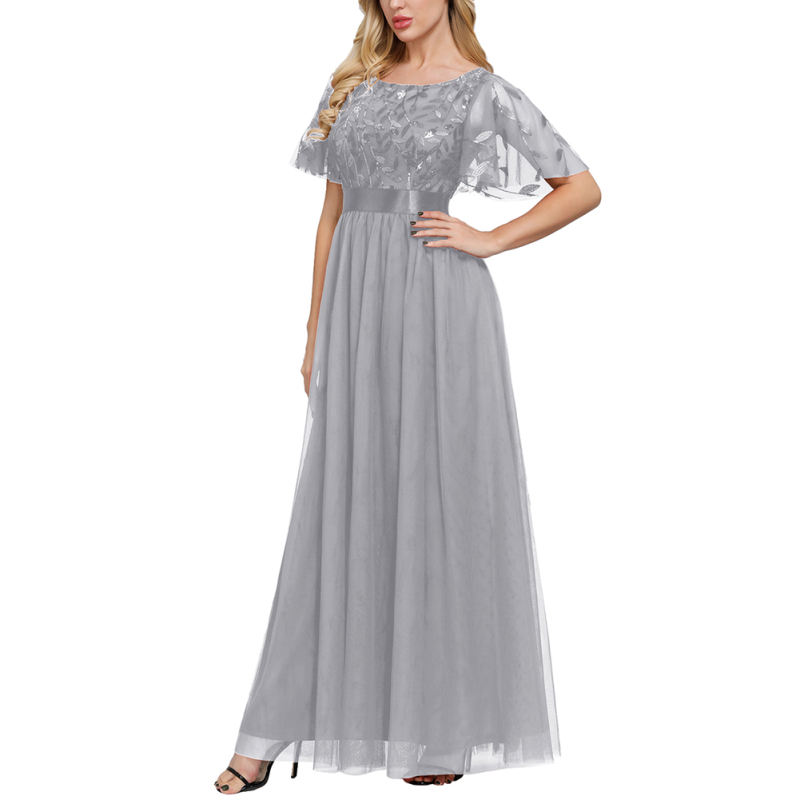 Gray Embroidery Sequined Mesh High Waist Evening Dress TQK311076-11