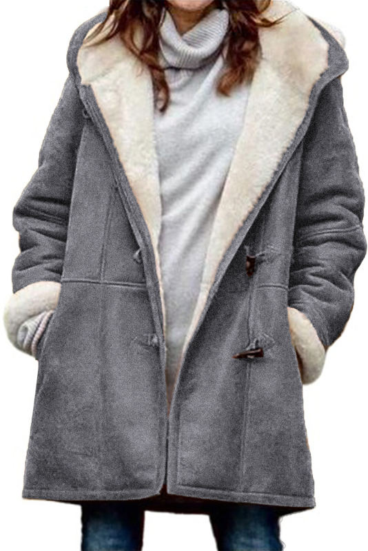 Gray Fleece Suede Mid-length Hooded Coat LC8511335-11