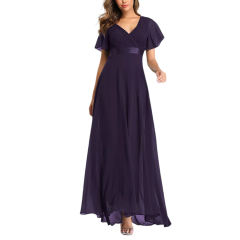 Dark Purple V Neck High Waist Swing Bridesmaid Dress TQK311075-35