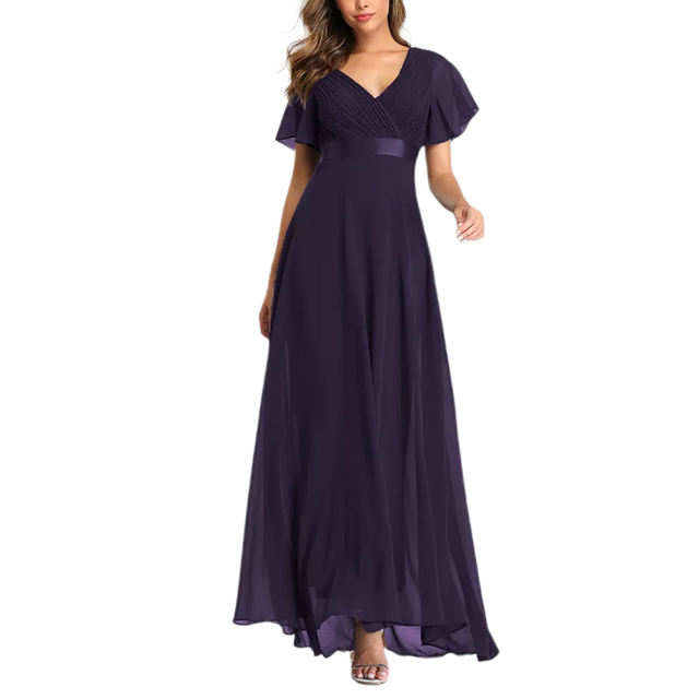 Dark Purple V Neck High Waist Swing Bridesmaid Dress TQK311075-35