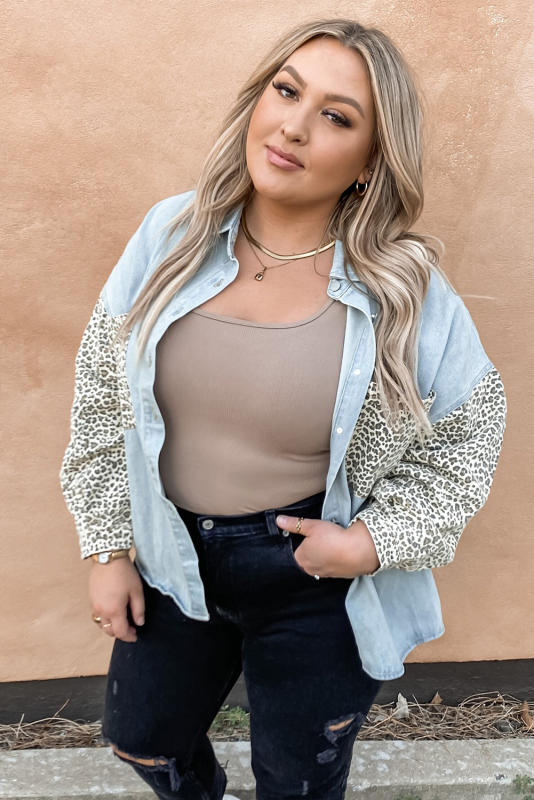 Sky Blue Plus Size Leopard Splicing Button Denim Jacket LC851133-4