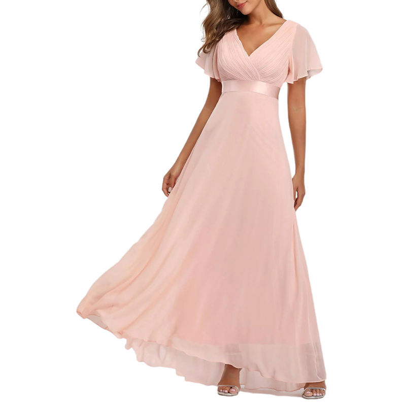 Pink V Neck High Waist Swing Bridesmaid Dress TQK311075-10