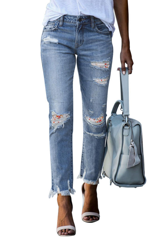 White Floral Print Patch Distressed Raw Hem Jeans LC781992-1