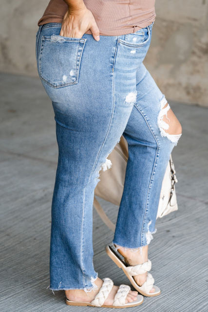 Sky Blue Distressed Holes Frayed Hem Plus Size Jeans PL787003-4