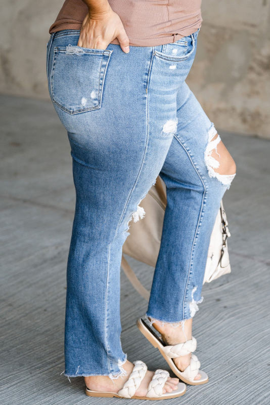 Sky Blue Distressed Holes Frayed Hem Plus Size Jeans PL787003-4