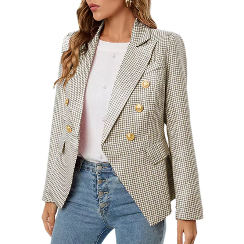 Apricot Double-breasted Houndstooth Blazer TQK260064-18