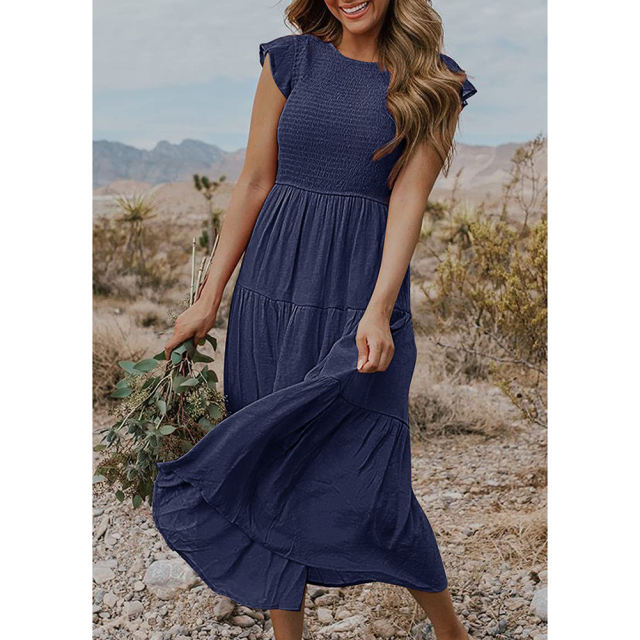 Navy Blue Ruffled Sleeve Pleated Layered Casual Dress TQV310008-34