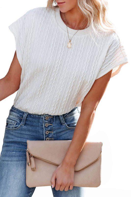 White Textured Knit Short Sleeve Top LC25119034-1
