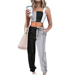Gray Colorblock Crop Tank with Pant Set TQK710340-11