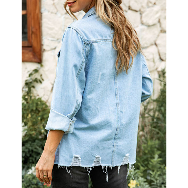 Blue Buttoned Denim Jacket with Pocket TQK280185-5