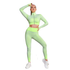 Fluorescent Green Seamless Jacket with Pant Yoga Set TQK710338-57