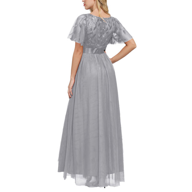 Gray Embroidery Sequined Mesh High Waist Evening Dress TQK311076-11