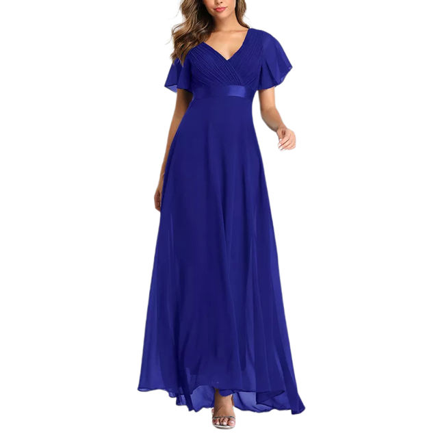 Blue V Neck High Waist Swing Bridesmaid Dress TQK311075-5